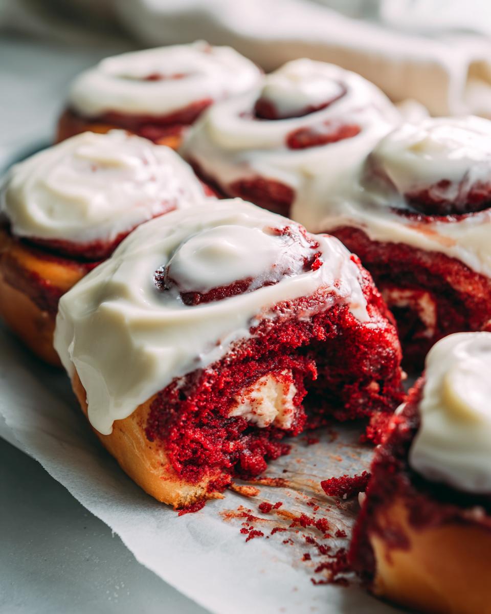 Close-up of moist red velvet cinnamon rolls topped with thick cream cheese frosting; one roll is partially eaten.