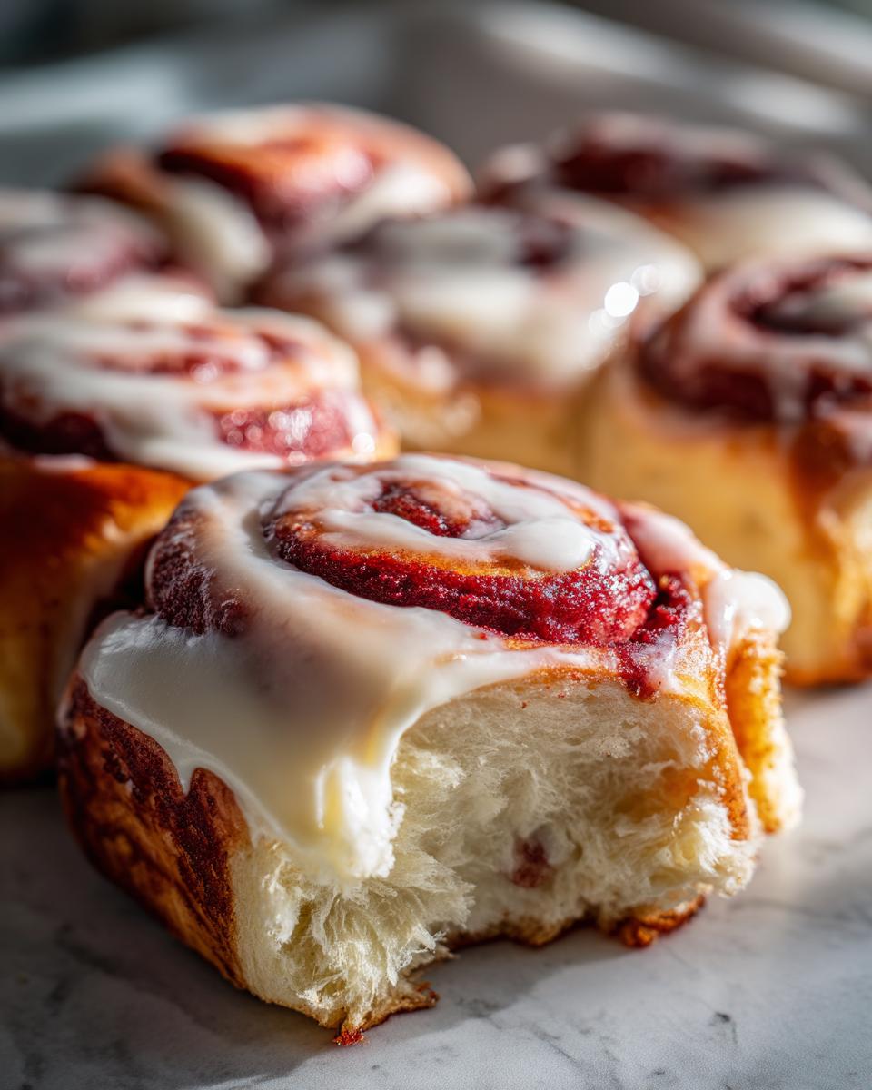 A close-up of a soft, fluffy red velvet cinnamon roll with cream cheese icing dripping down the side.