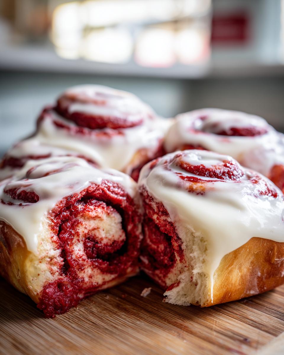 Close-up of several gooey red velvet cinnamon rolls topped with thick white cream cheese frosting on a wooden board.