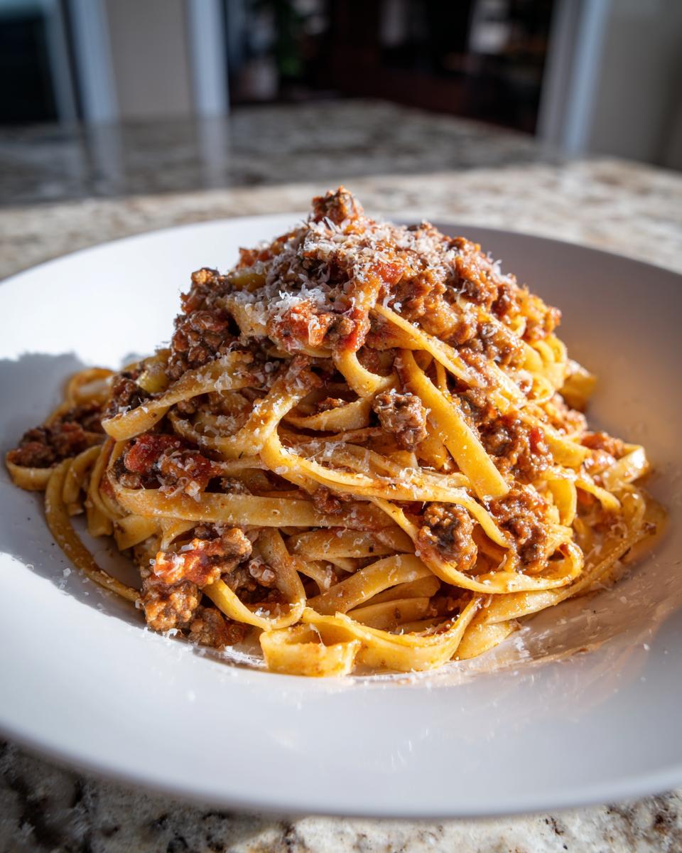 A generous serving of fresh pasta topped with rich bolognese sauce and grated Parmesan cheese.