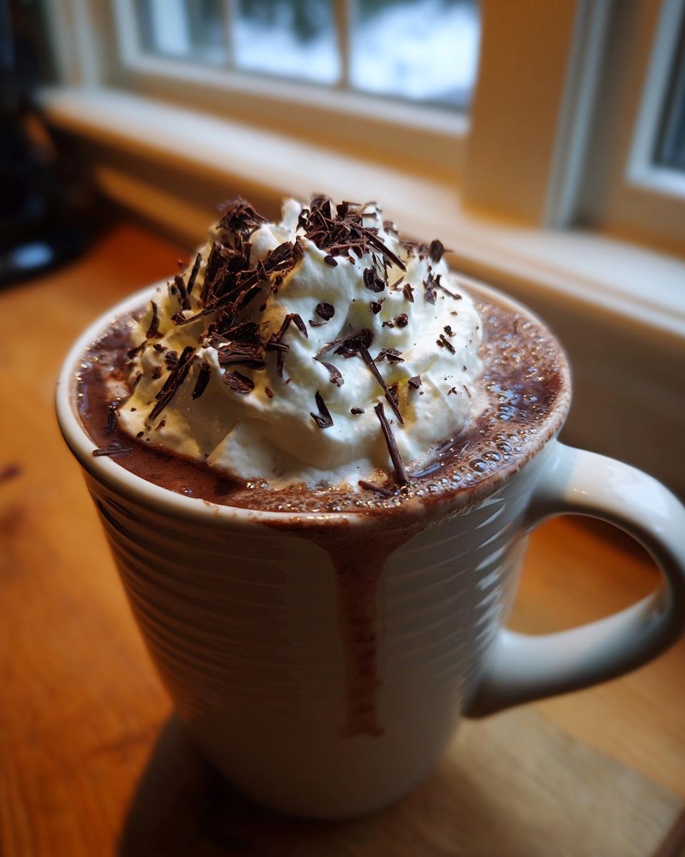 A close-up of a mug filled with rich boozy hot chocolate, topped with whipped cream and chocolate shavings.