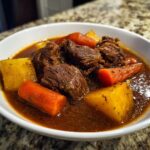 Close-up of a white bowl filled with rich, dark crockpot beef stew featuring tender beef chunks, carrots, and potatoes.