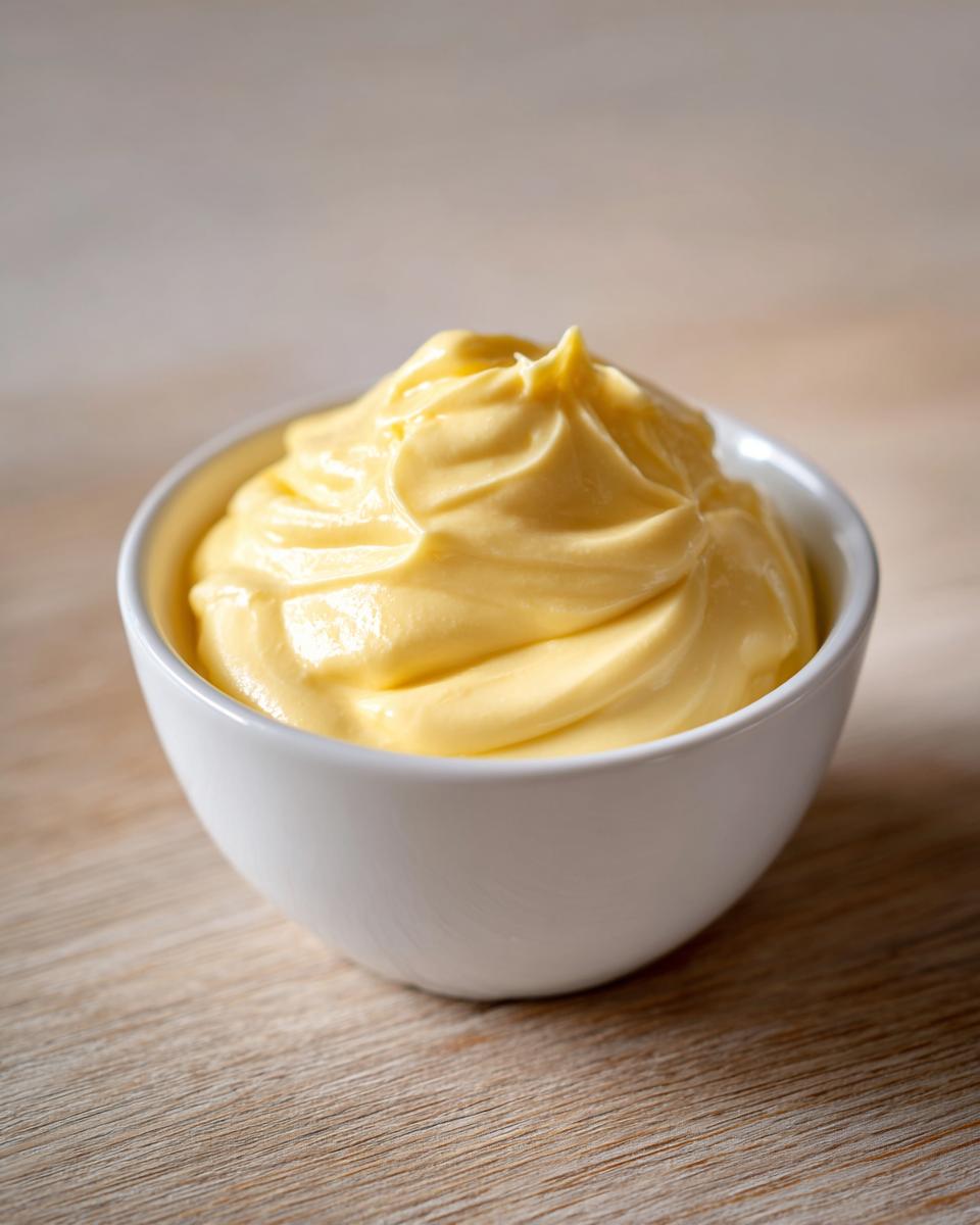 A close-up of rich, yellow homemade mayonnaise swirled beautifully in a small white bowl.
