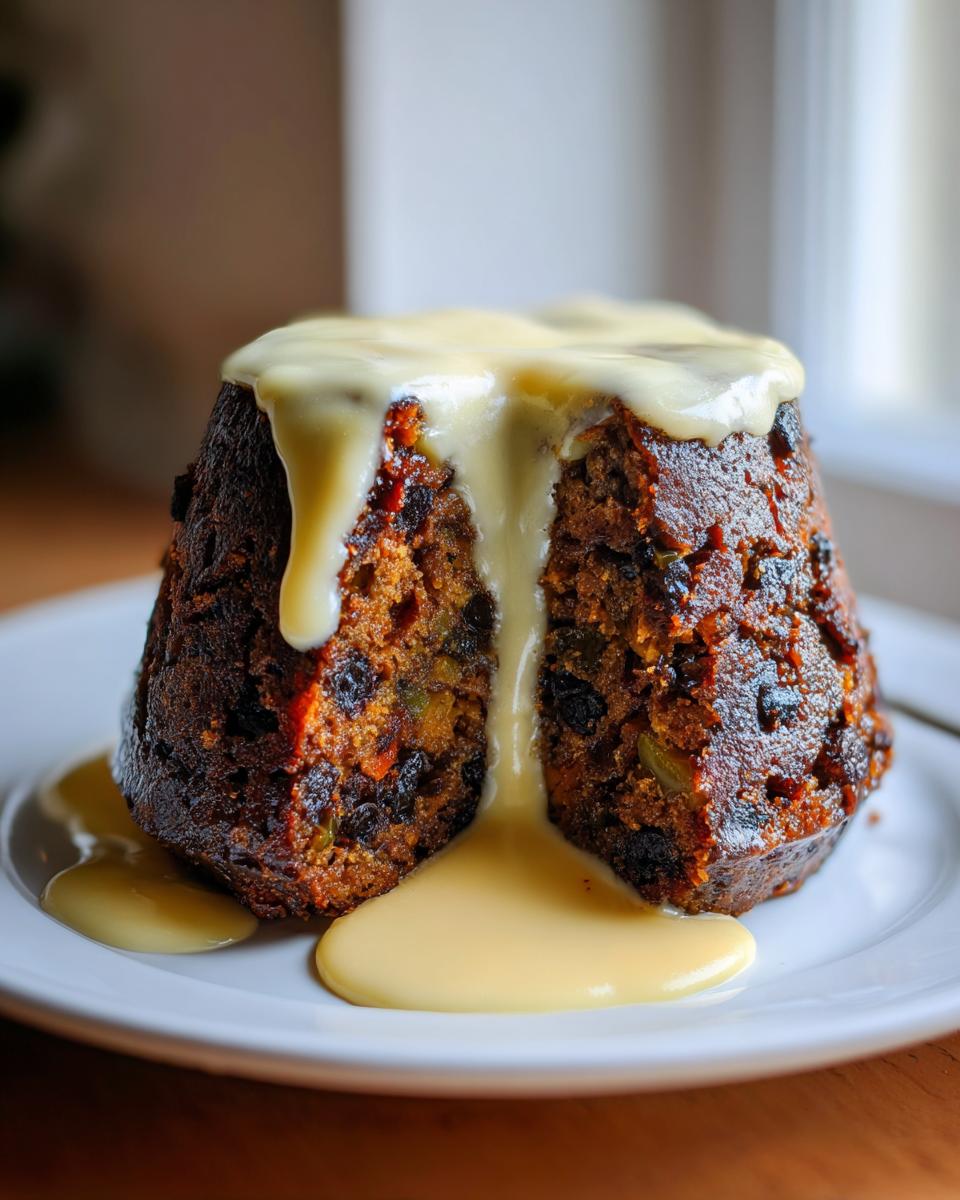 A rich, dark plum pudding cut in half and generously covered with flowing vanilla custard sauce.