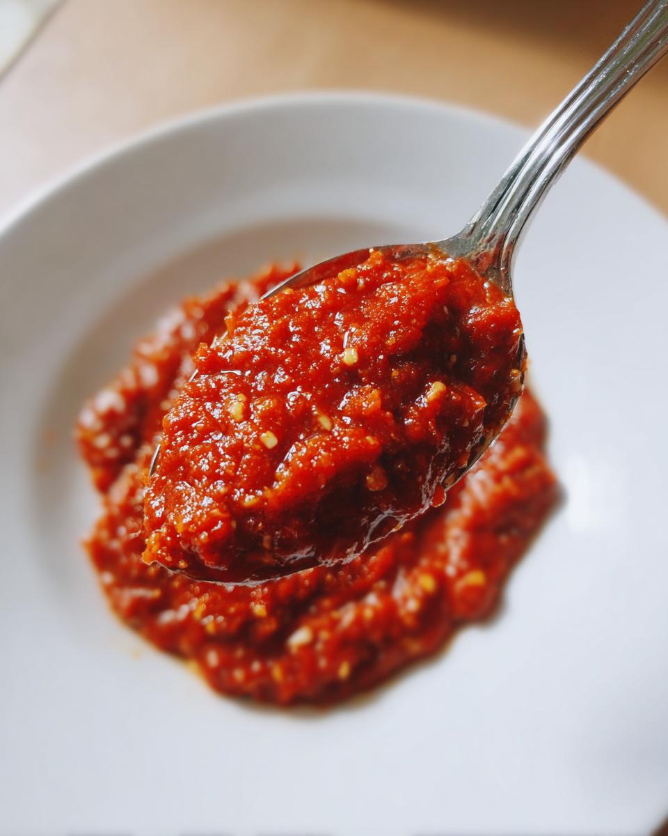 A spoonful of thick, vibrant red pizza sauce, showing visible texture and spices, held over a white bowl.