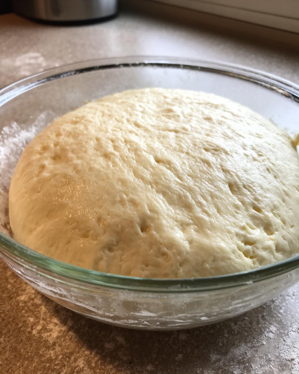 Close-up of fluffy, risen pizza dough recipe resting in a clear glass bowl.