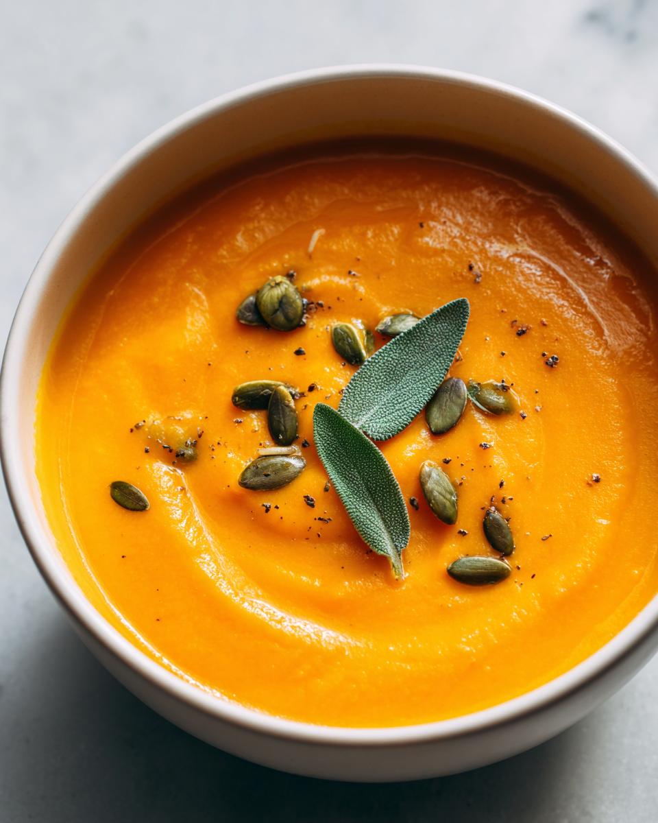 Close-up of vibrant orange roasted butternut squash soup topped with pumpkin seeds and fresh sage leaves.