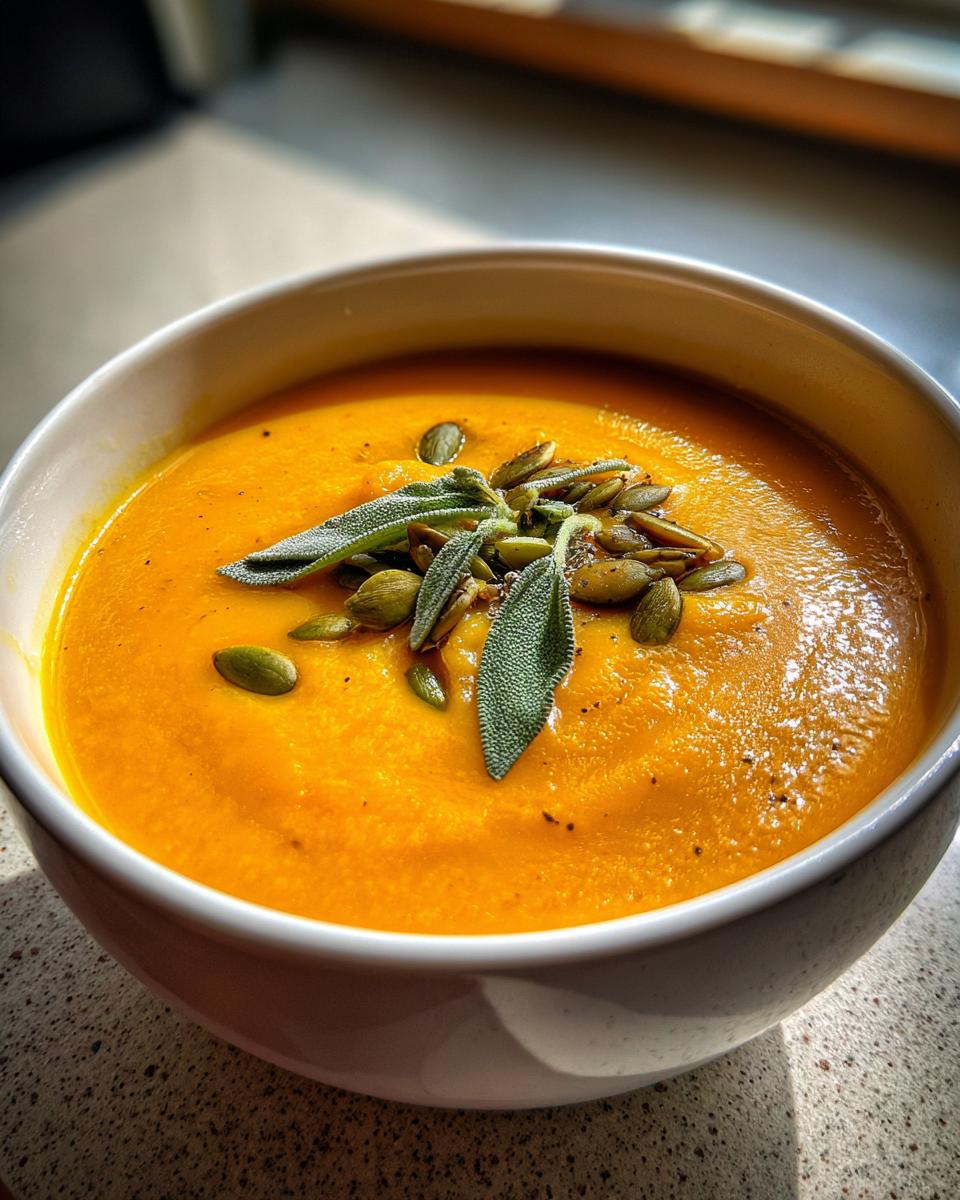 A close-up of vibrant orange roasted butternut squash soup topped with pumpkin seeds and fresh sage leaves.