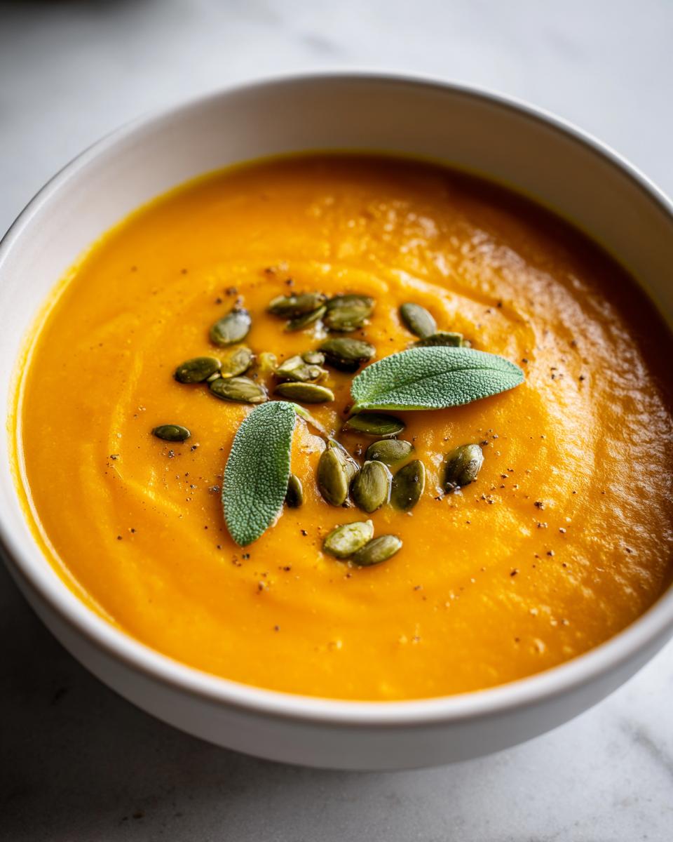 Close-up of a bowl of vibrant orange roasted butternut squash soup topped with pepitas and fresh sage leaves.