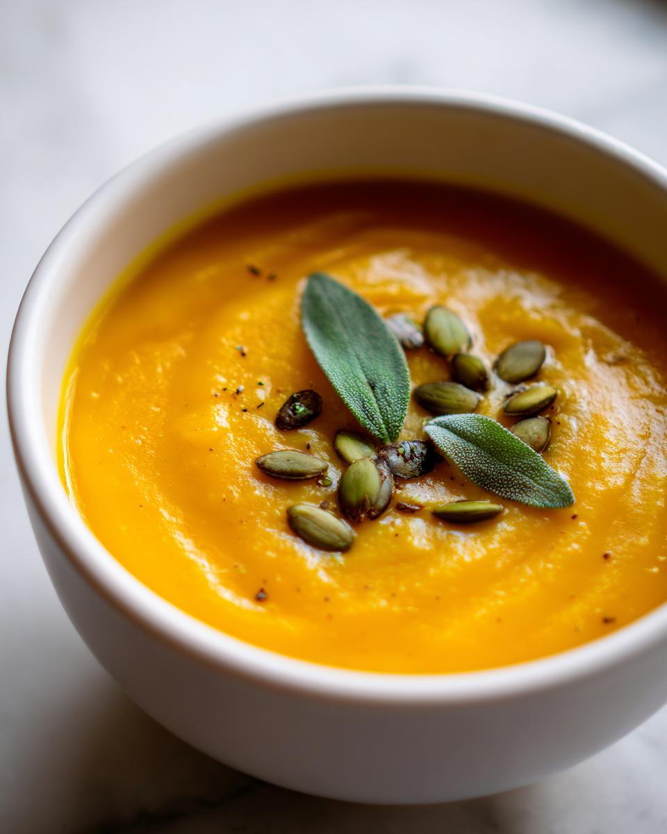 Close-up of creamy roasted butternut squash soup topped with toasted pumpkin seeds and fresh sage leaves.