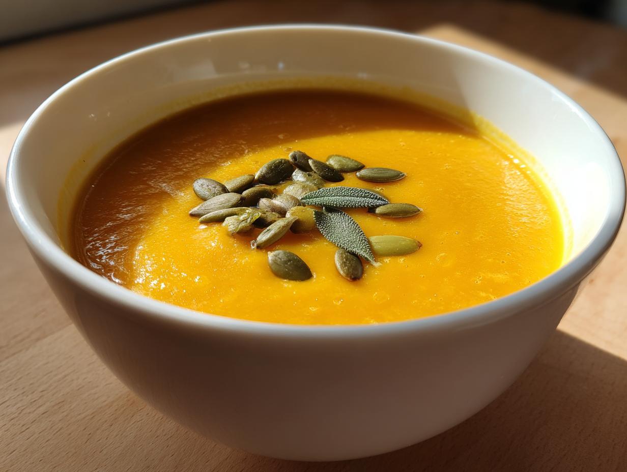 A close-up of bright orange roasted butternut squash soup topped with pumpkin seeds and sage leaves.