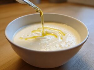 A close-up of creamy roasted cauliflower soup being finished with a drizzle of golden olive oil.