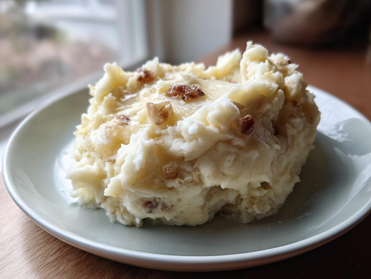 A serving of fluffy roasted garlic mashed potatoes topped with melted butter and caramelized garlic pieces.