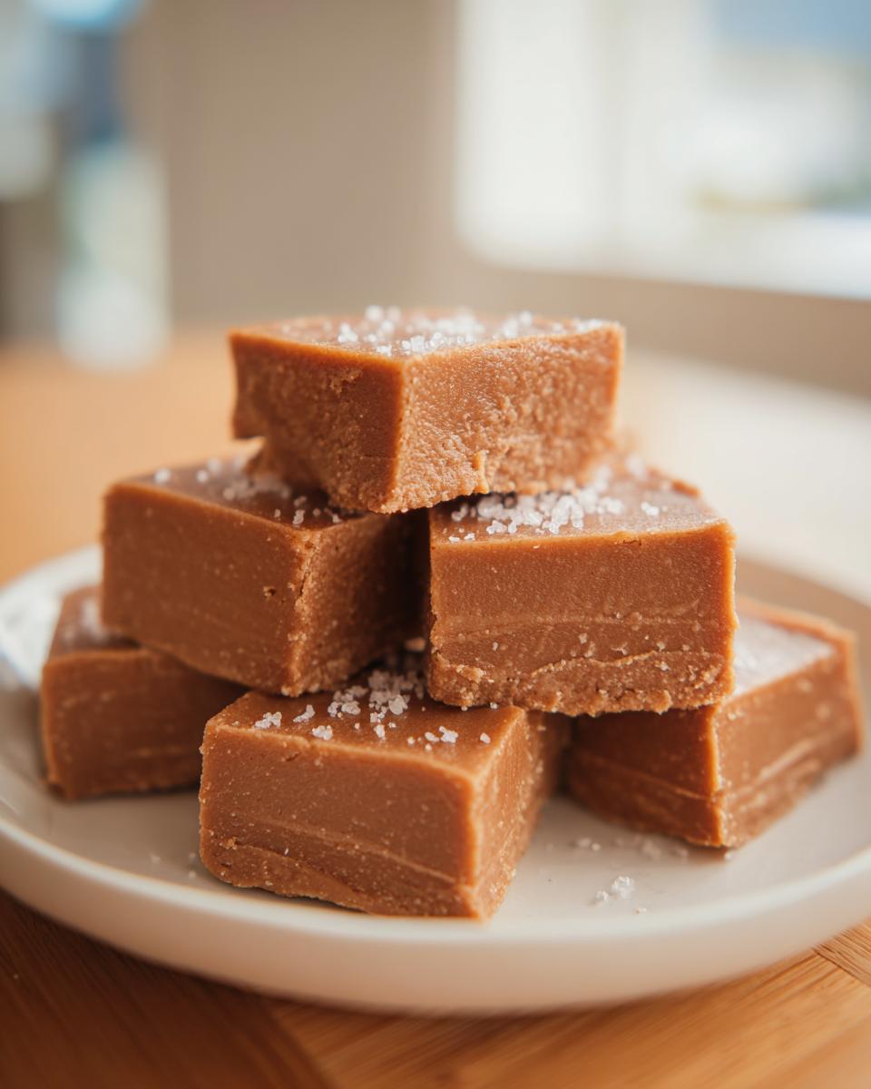 A stack of rich, brown penuche fudge squares sprinkled with coarse sea salt on a white plate.