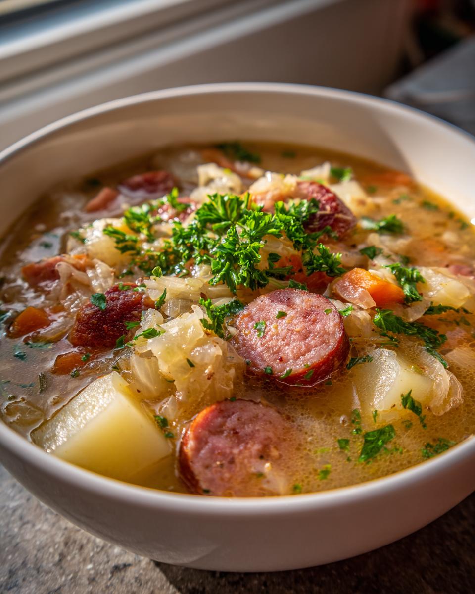 Close-up of a white bowl filled with hearty sauerkraut soup, featuring kielbasa sausage slices, potatoes, and fresh parsley.
