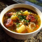 Close-up of a hearty bowl of sauerkraut soup featuring chunks of potato, sliced smoked sausage, and fresh parsley garnish.