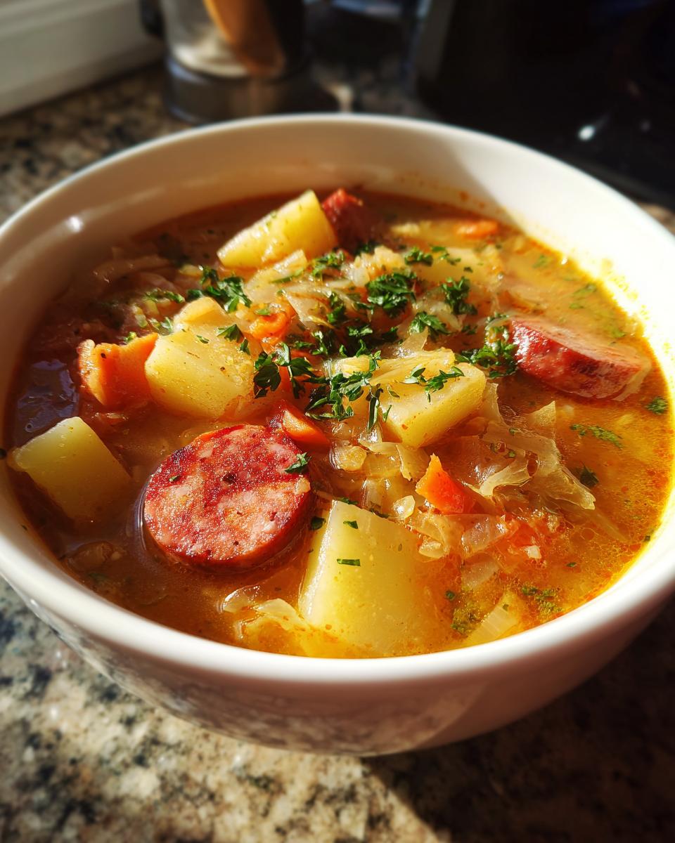 Close-up of a white bowl filled with rich, orange-broth sauerkraut soup, featuring chunks of potato, sausage slices, and fresh parsley.