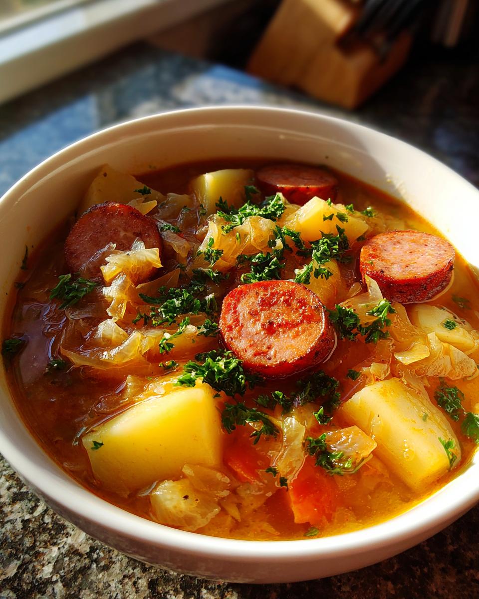 Close-up of a bowl of steaming sauerkraut soup filled with chunks of potato, sausage slices, and fresh parsley.