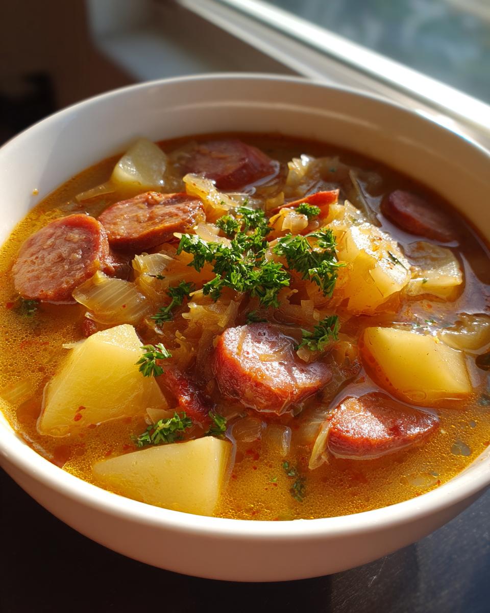 Close-up of a white bowl filled with rich, yellow sauerkraut soup featuring sliced sausage, chunks of potato, and fresh parsley.