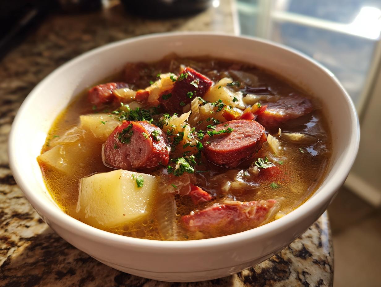 Close-up of a white bowl filled with steaming sauerkraut soup featuring chunks of smoked sausage, potatoes, and fresh parsley.
