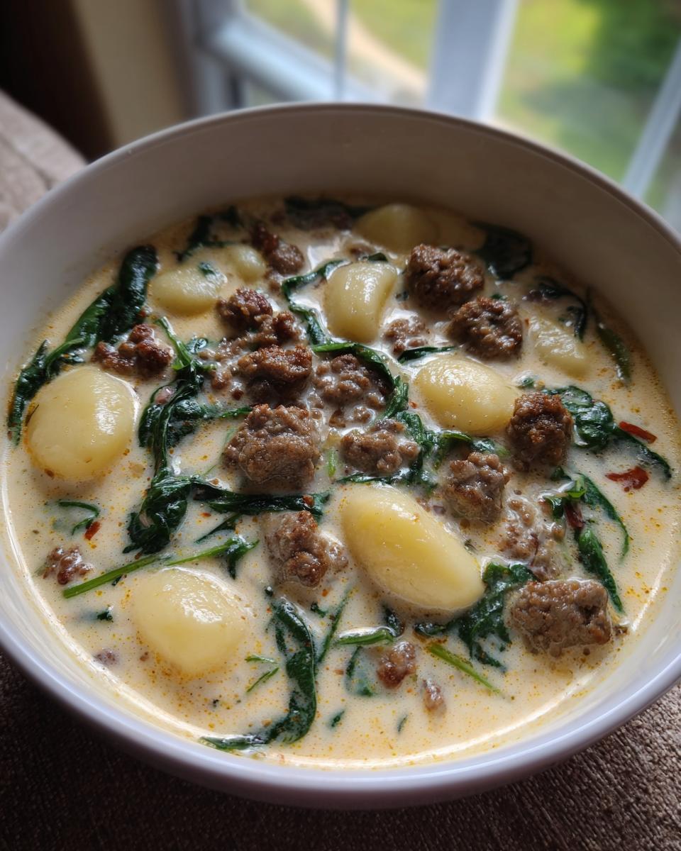 Close-up of a white bowl filled with creamy sausage gnocchi soup featuring browned sausage crumbles and wilted spinach.