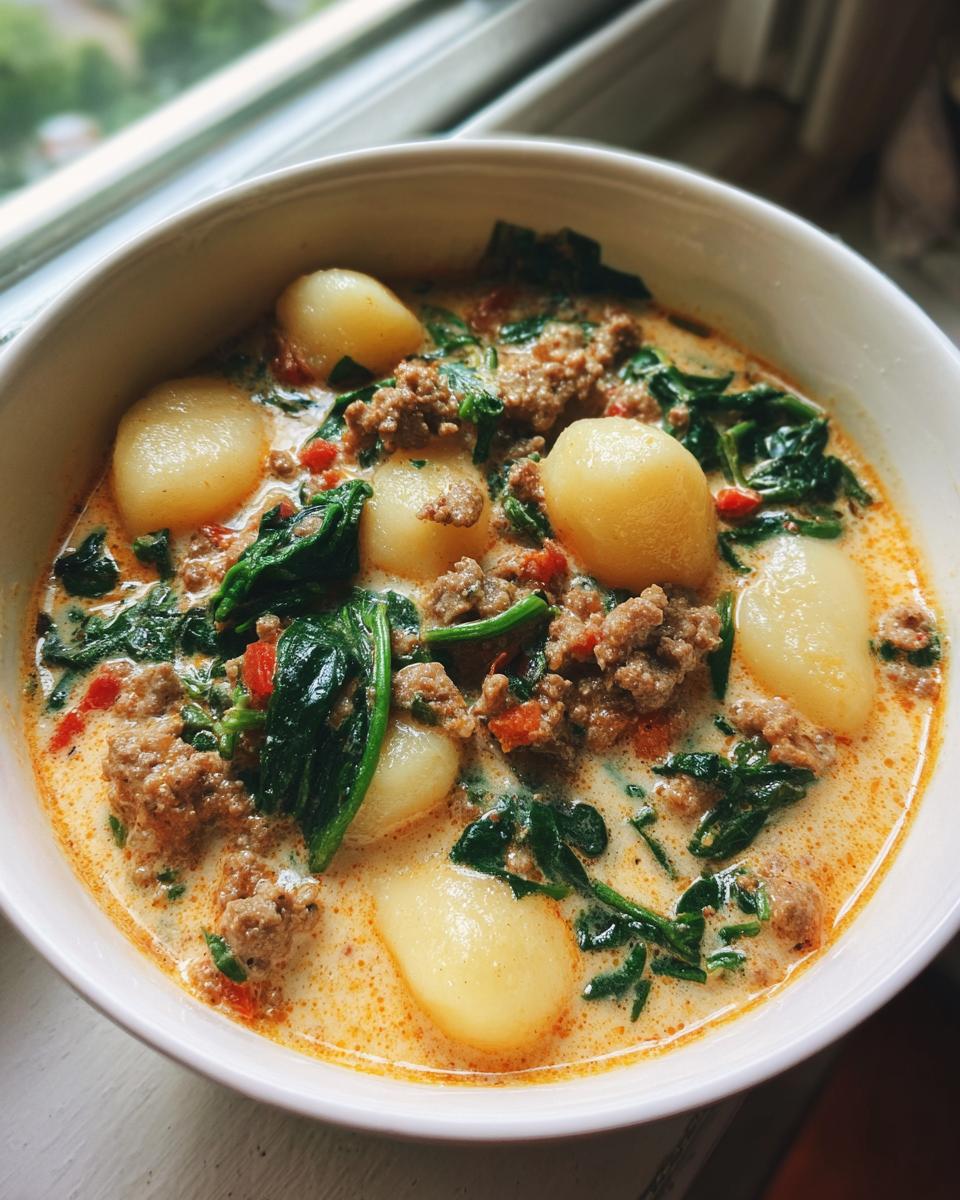 A close-up of a hearty bowl of sausage gnocchi soup with spinach in a creamy broth.