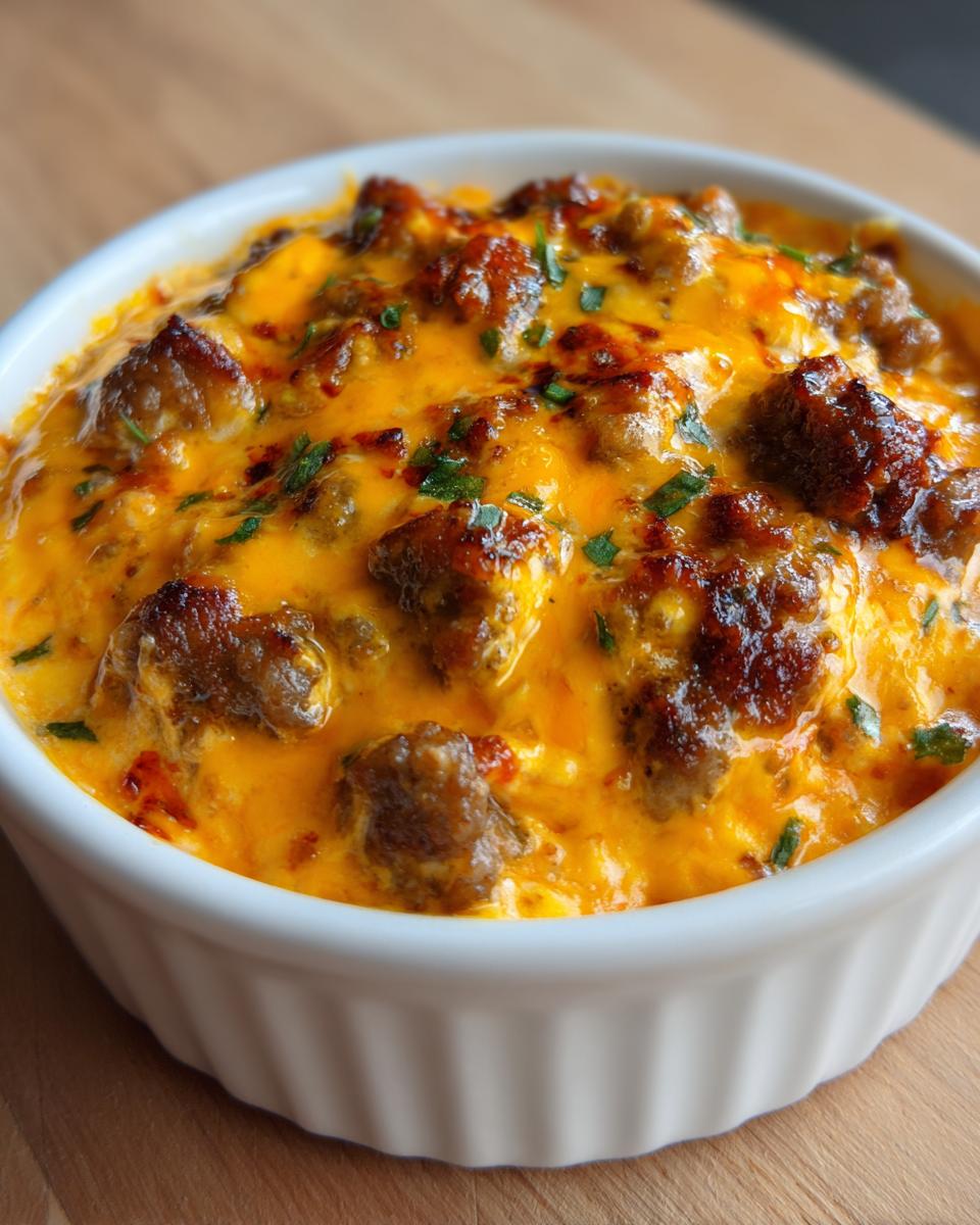 A close-up of hot, bubbly sausage rotel dip topped with melted cheddar cheese and green herbs in a white bowl.