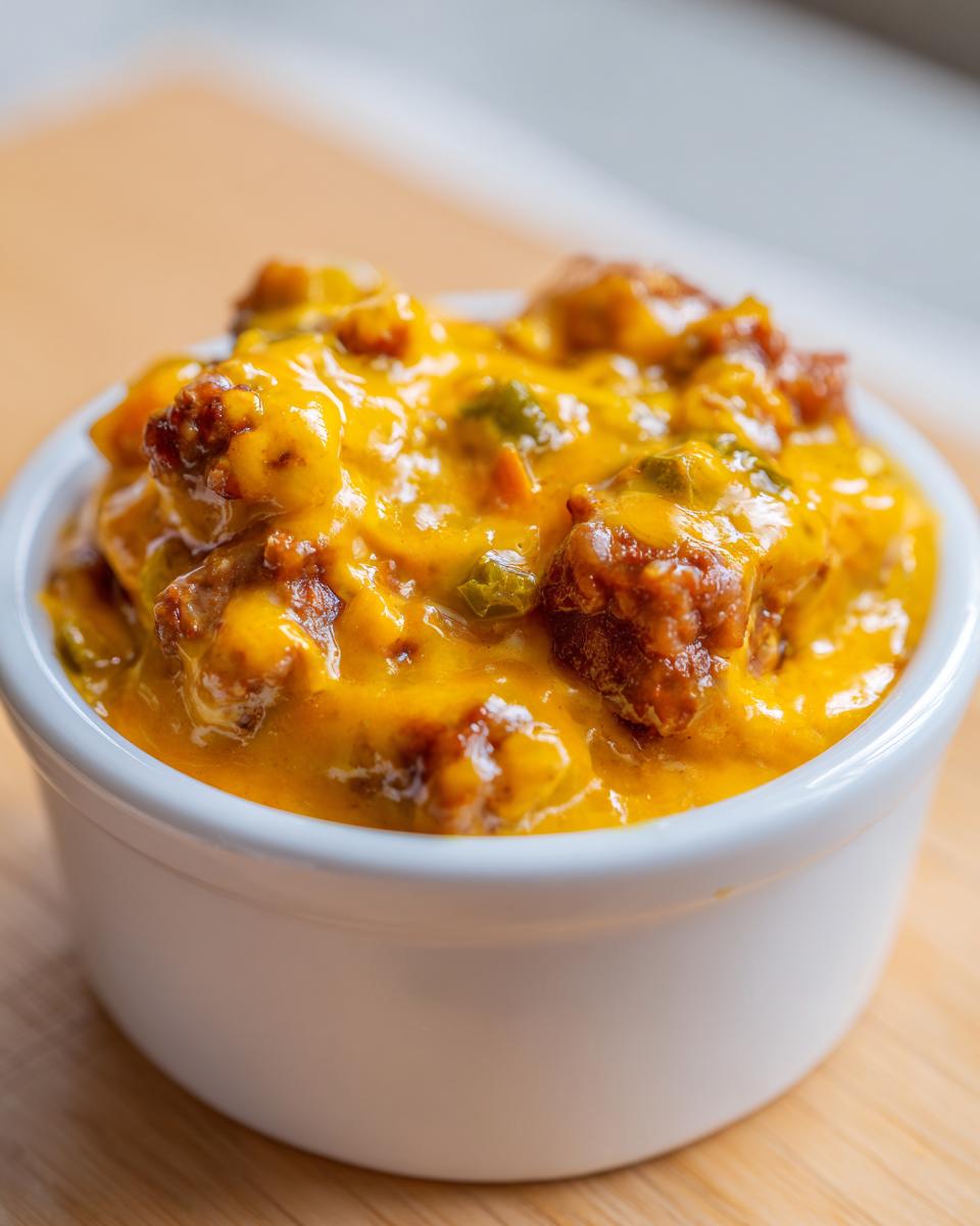 A close-up shot of rich, orange, melted cheese dip mixed with chunks of sausage and green peppers, known as rotel dip, served in a small white ramekin.