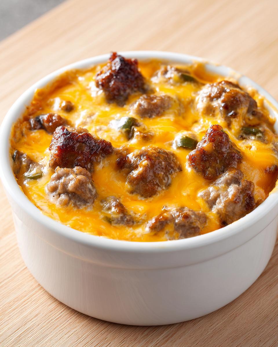 Close-up of a small white bowl filled with bubbling, cheesy sausage rotel dip topped with chunks of browned sausage and green peppers.