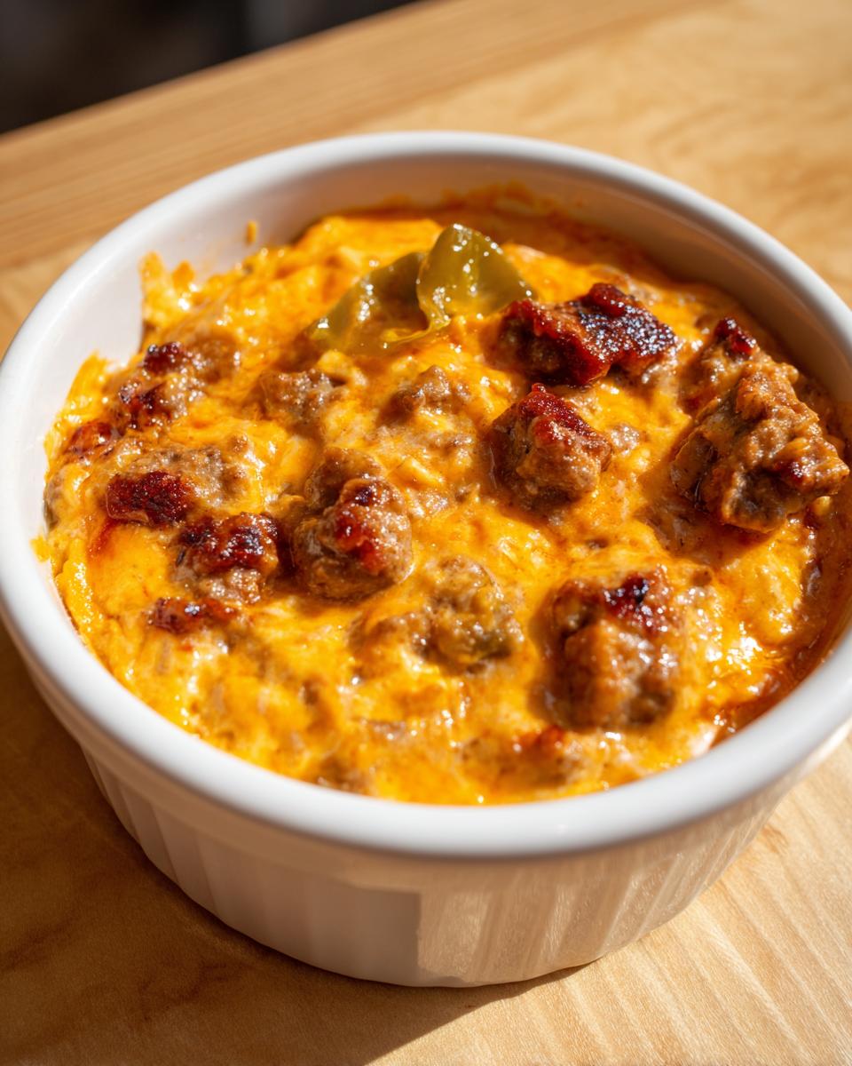 Close-up of a bubbling, cheesy sausage rotel dip topped with browned sausage chunks and green chilies in a white bowl.
