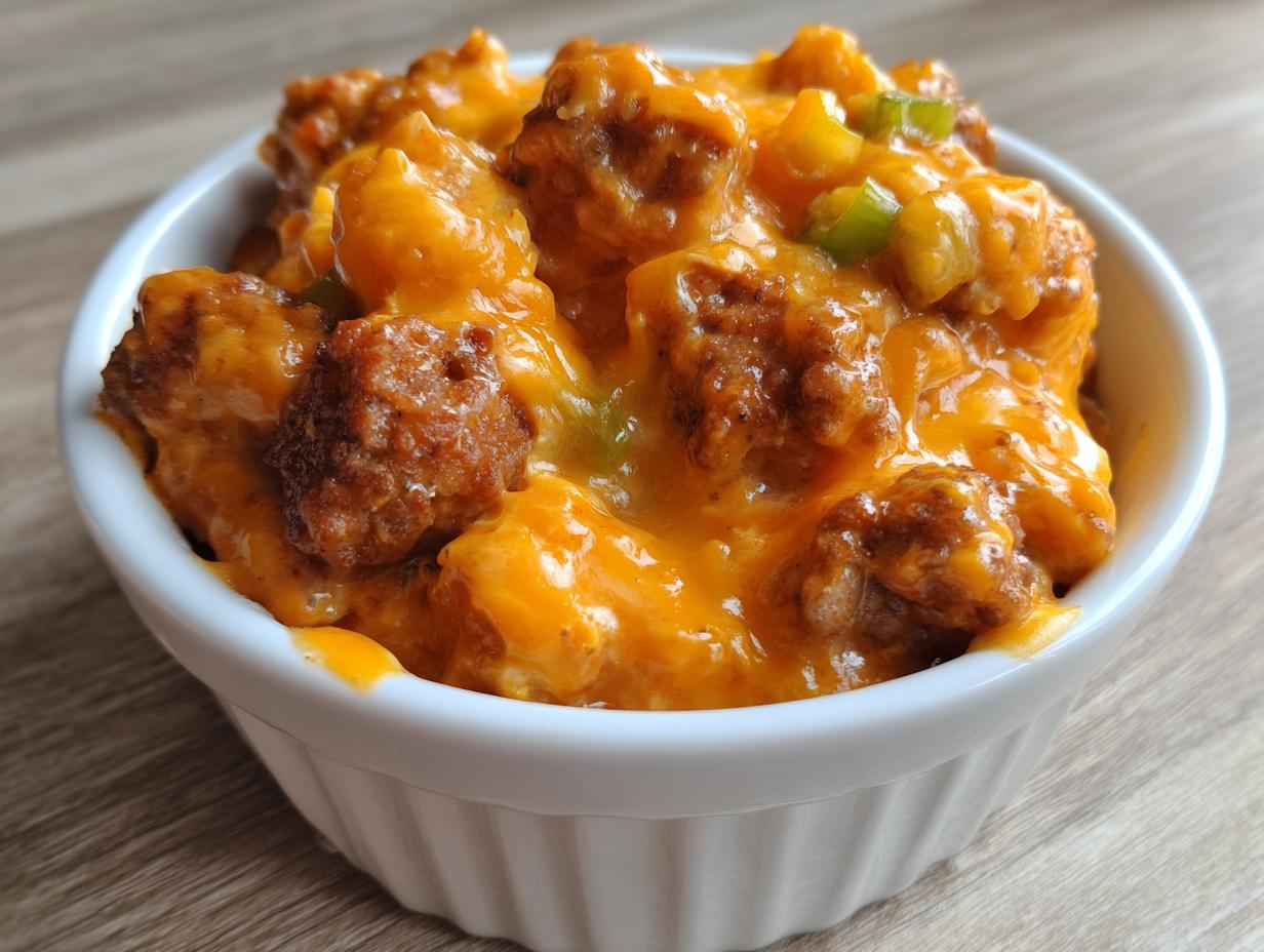 A close-up of a small white ramekin filled with hot, cheesy sausage rotel dip topped with green peppers.