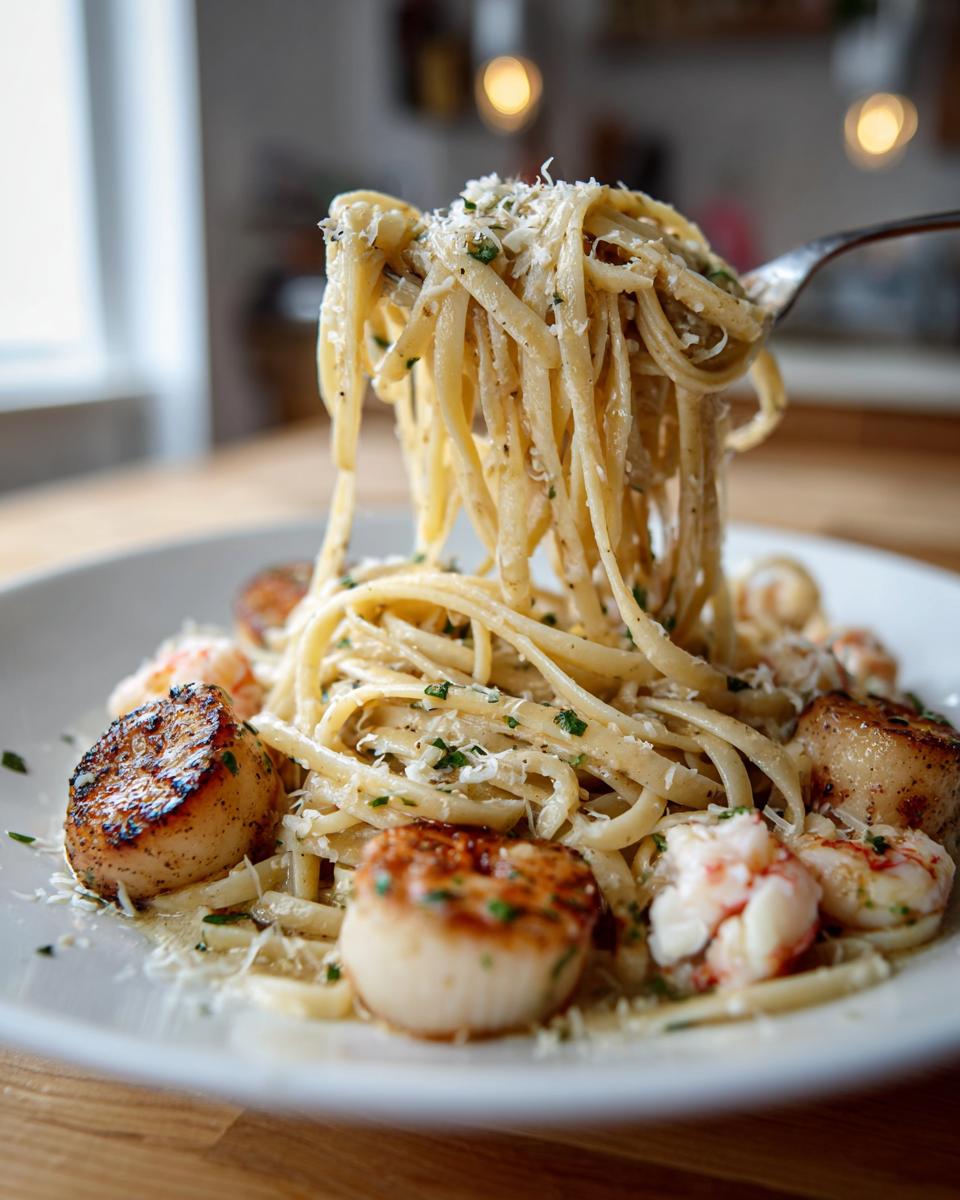 A fork lifts a generous portion of linguine from a plate of creamy seafood pasta featuring seared scallops and shrimp.