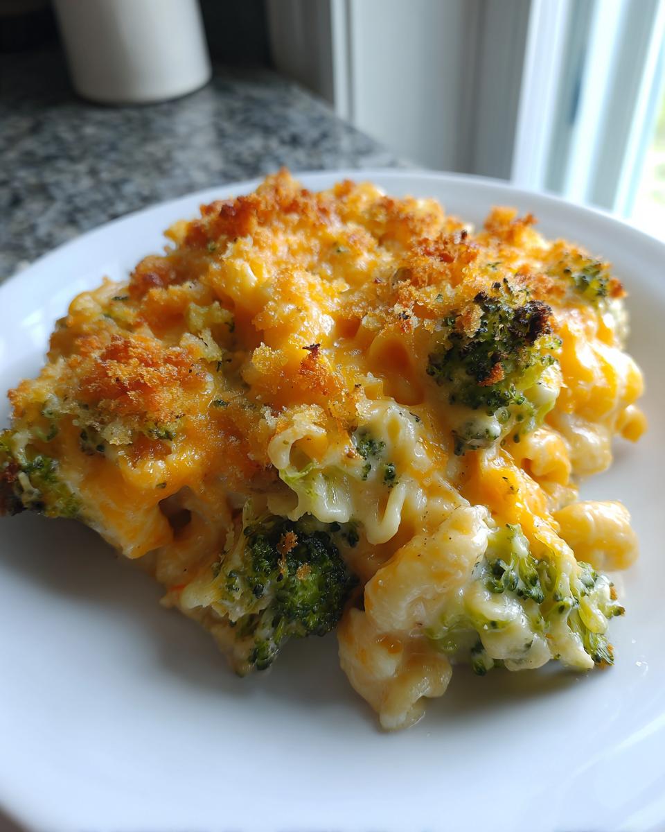 A close-up serving of creamy broccoli cheddar casserole with a golden, crispy topping.