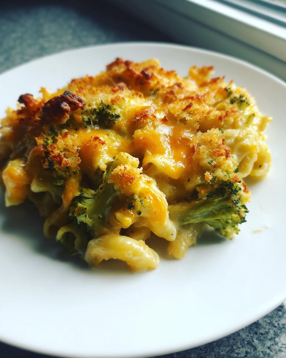 A close-up serving of creamy broccoli cheddar casserole topped with melted cheese and crispy breadcrumbs.