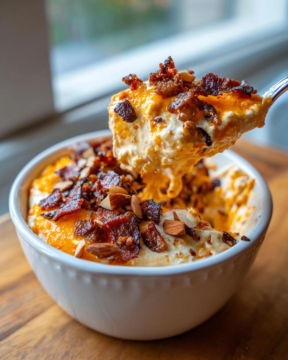 A spoonful of creamy Neiman Marcus dip topped with bacon bits and sliced almonds being lifted from a white bowl.