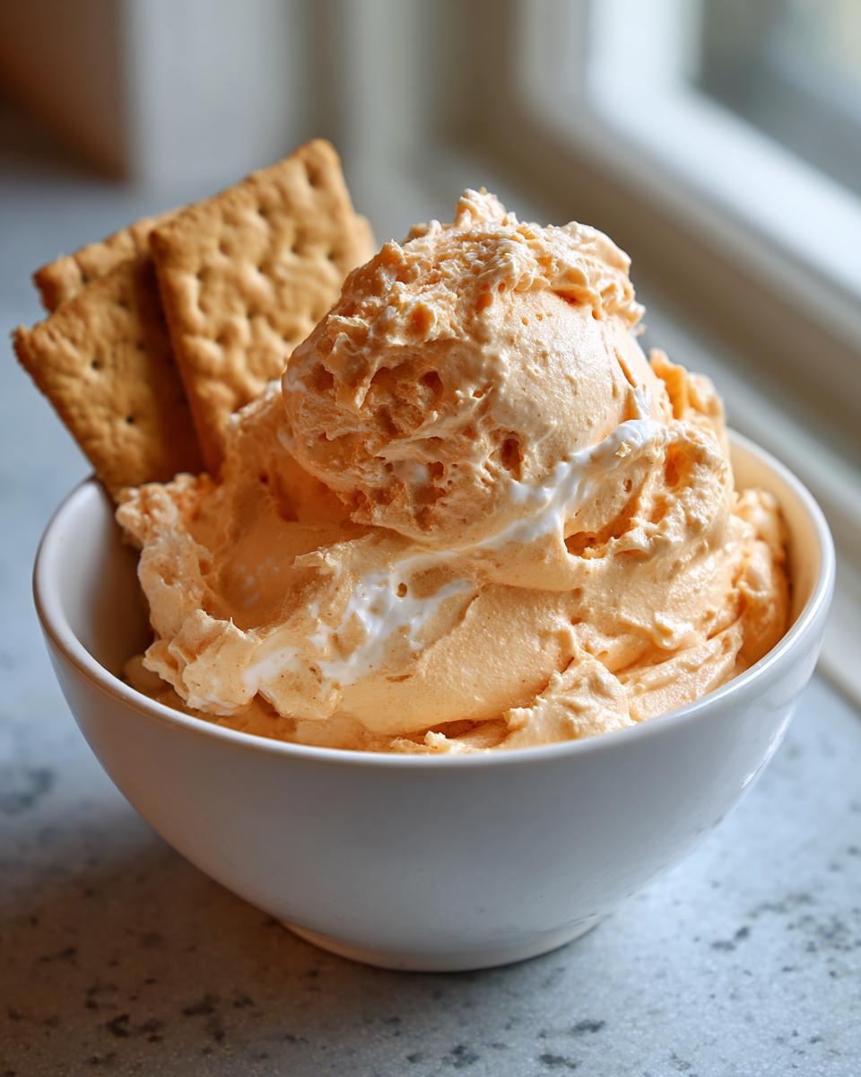 A white bowl filled with light orange pumpkin fluff dessert, served with graham crackers.