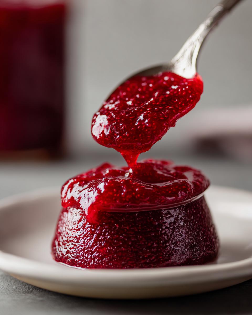 A spoonful of vibrant red freezer jam being drizzled onto a small mound of the same freezer jam on a white plate.