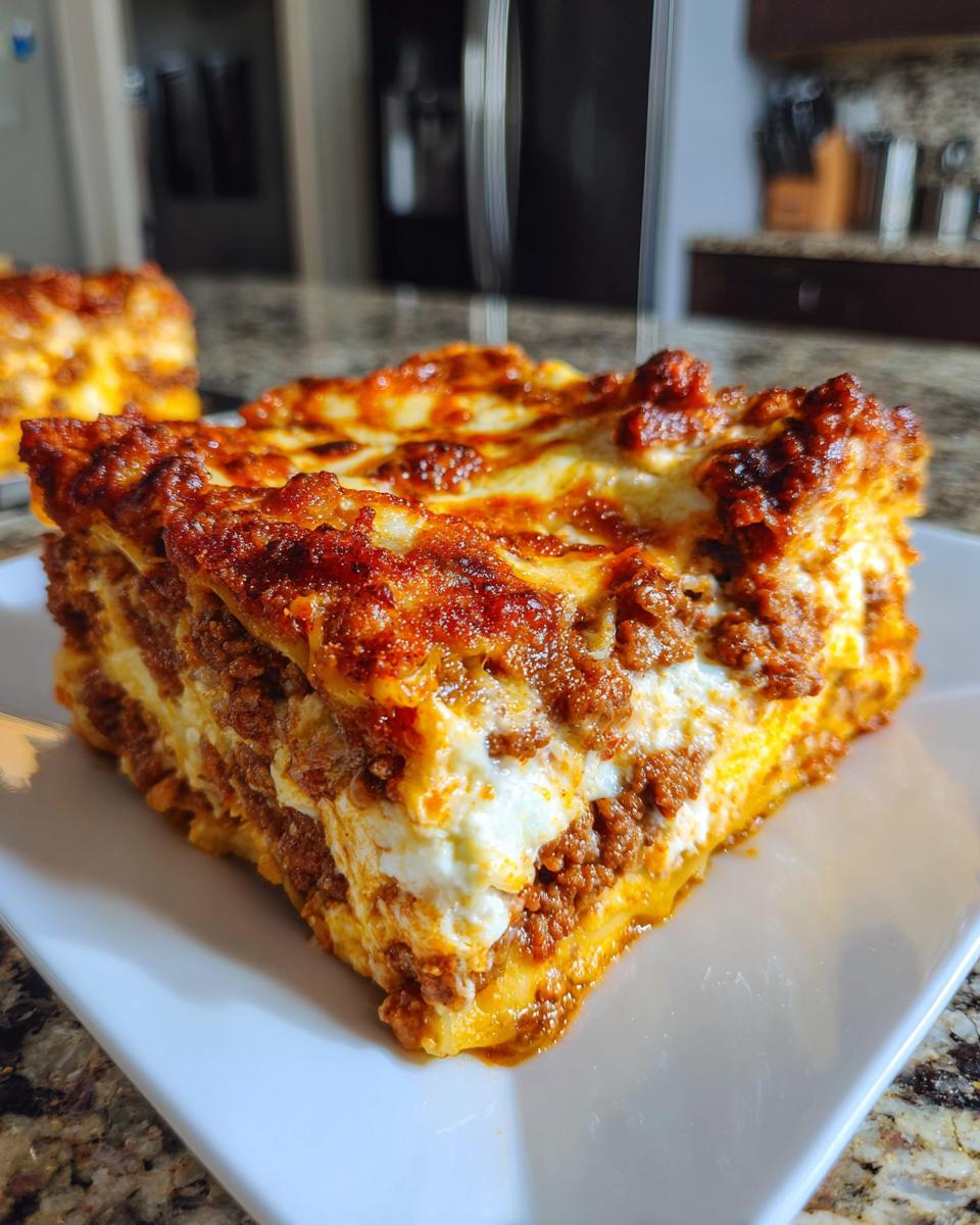 Close-up of a thick, cheesy slice of sheet pan lasagna showing layers of pasta, ricotta, and meat sauce.