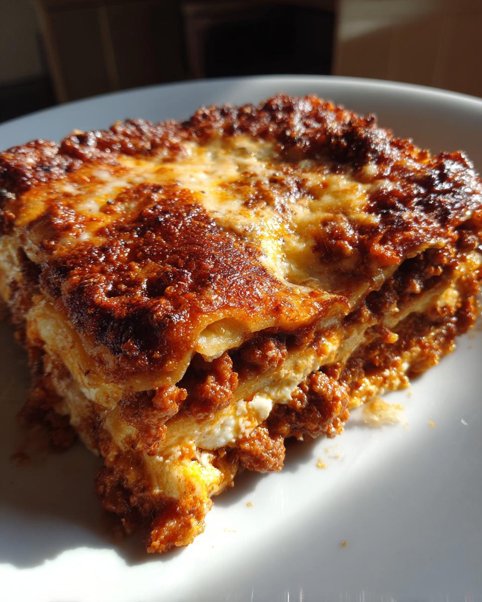 Close-up of a thick, cheesy slice of sheet pan lasagna with a deeply browned, caramelized top.