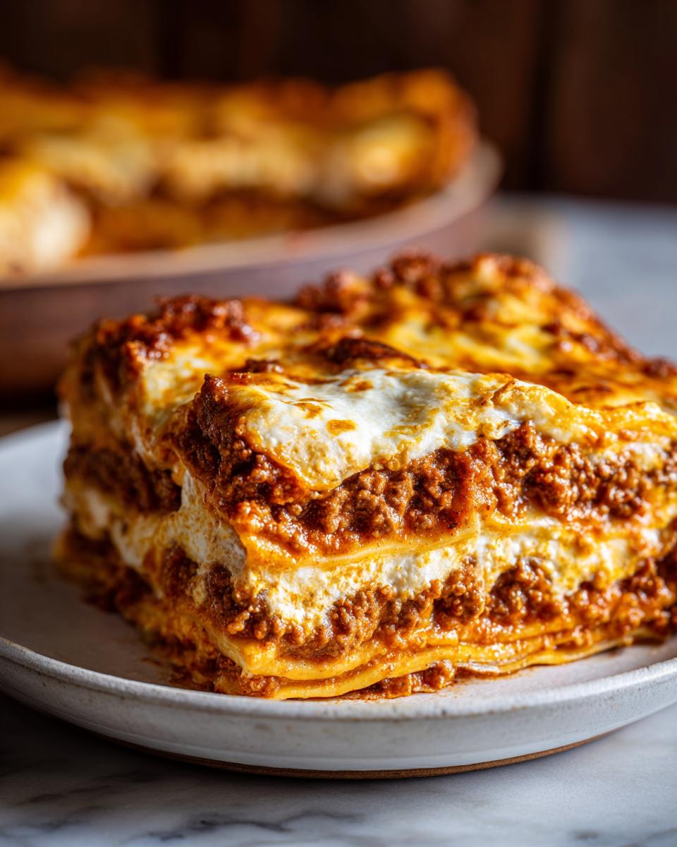 Close-up of a thick, cheesy slice of sheet pan lasagna with rich meat sauce layers.