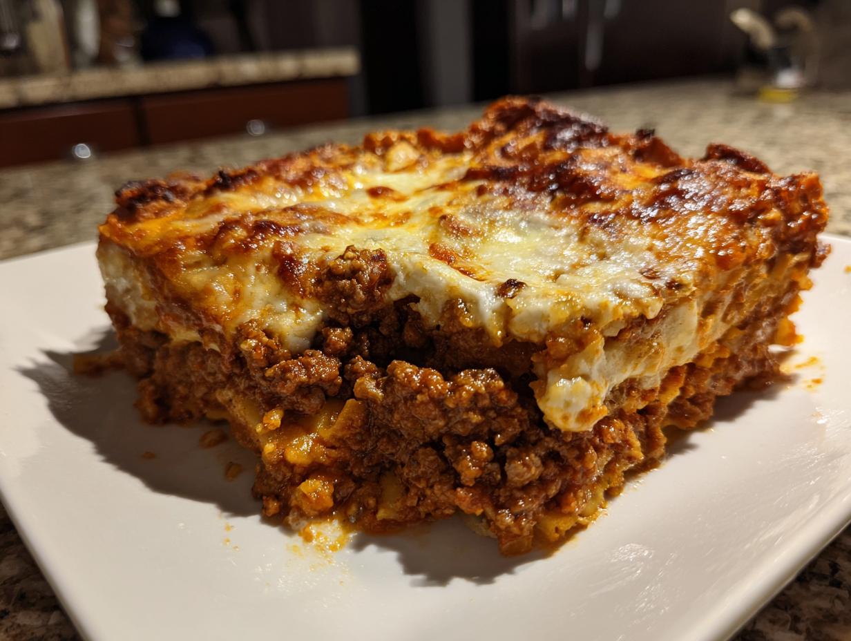 Close-up of a thick, cheesy slice of sheet pan lasagna layered with rich meat sauce on a white plate.