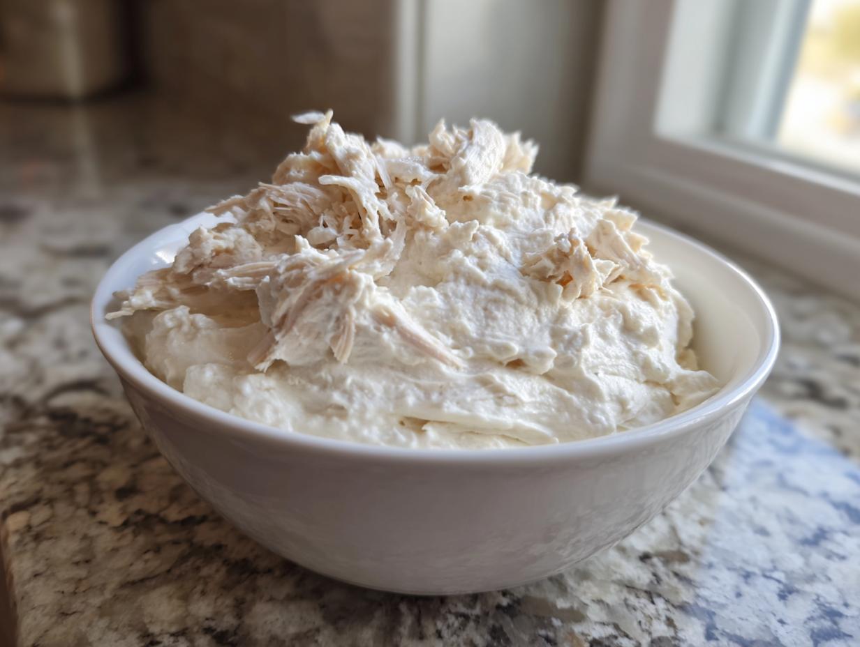 A white bowl filled with a thick, creamy base topped with shredded chicken, representing homemade cream of chicken soup ingredients.