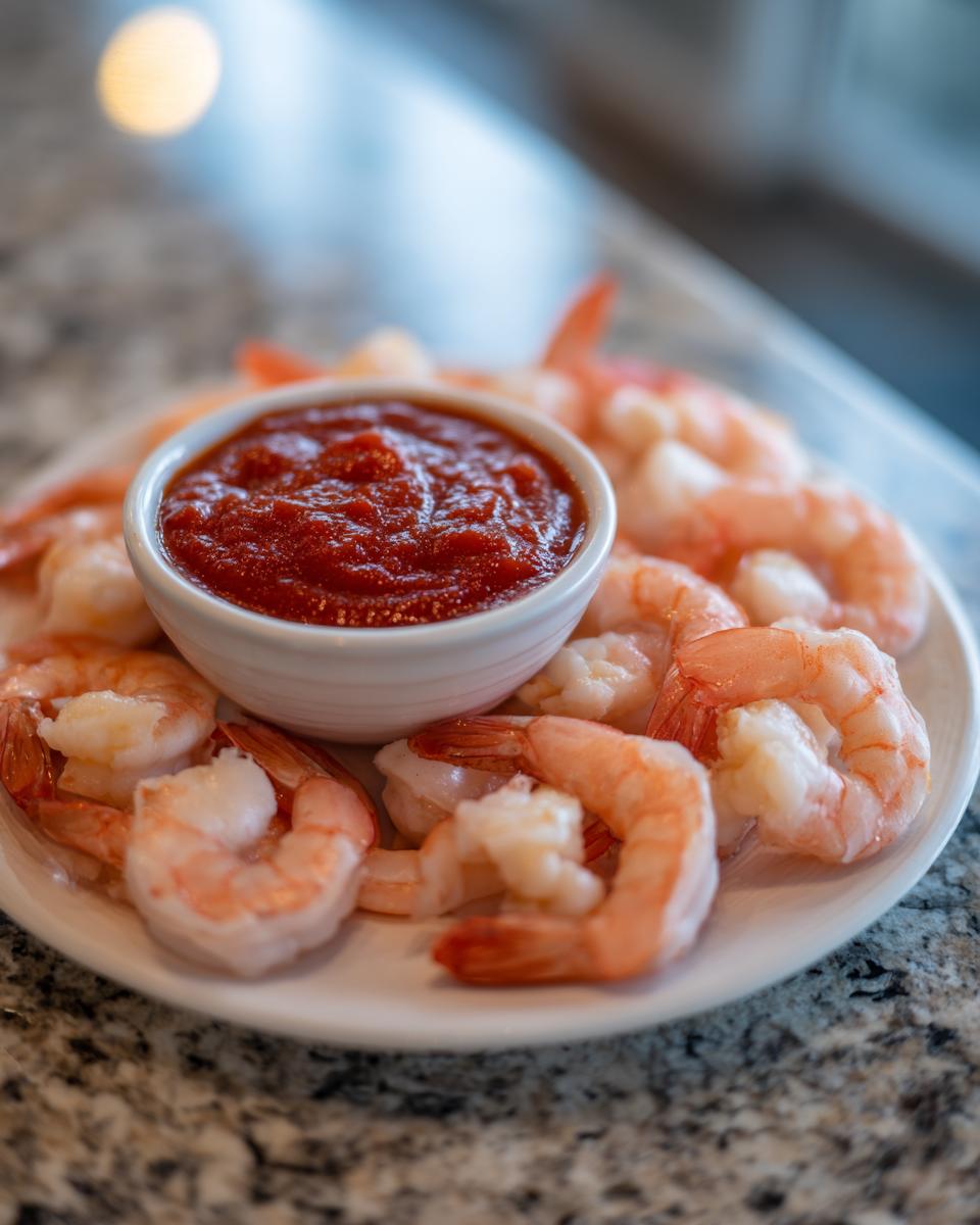 A plate of chilled, peeled shrimp arranged around a small white bowl of red cocktail sauce for a perfect shrimp cocktail.