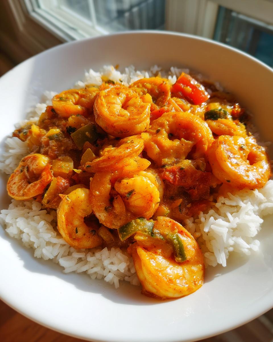 A close-up of a white bowl filled with flavorful shrimp etouffee served over fluffy white rice.