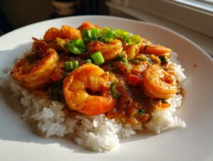 A close-up of flavorful shrimp etouffee served generously over a bed of fluffy white rice, garnished with green onions.