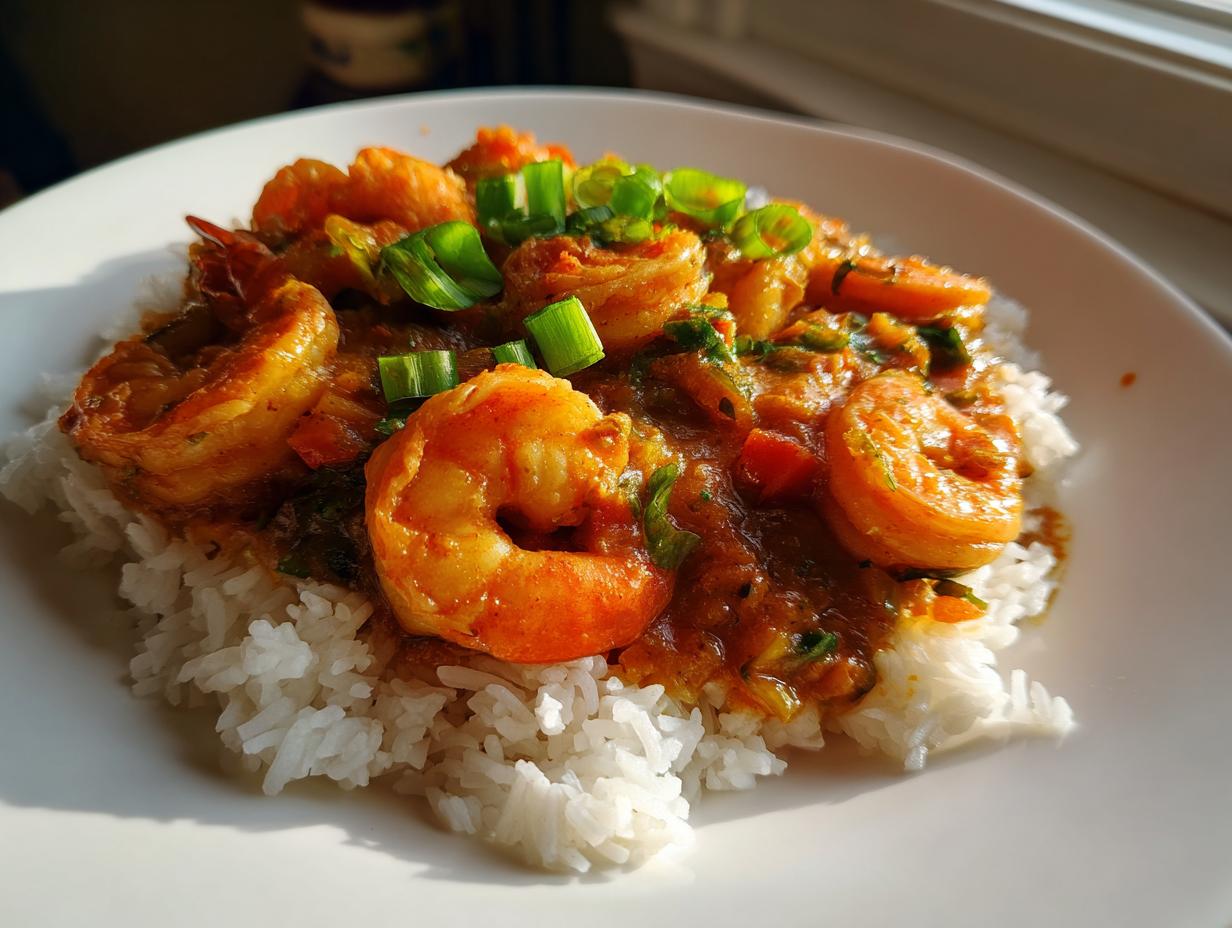A close-up of flavorful shrimp etouffee served generously over a bed of fluffy white rice, garnished with green onions.