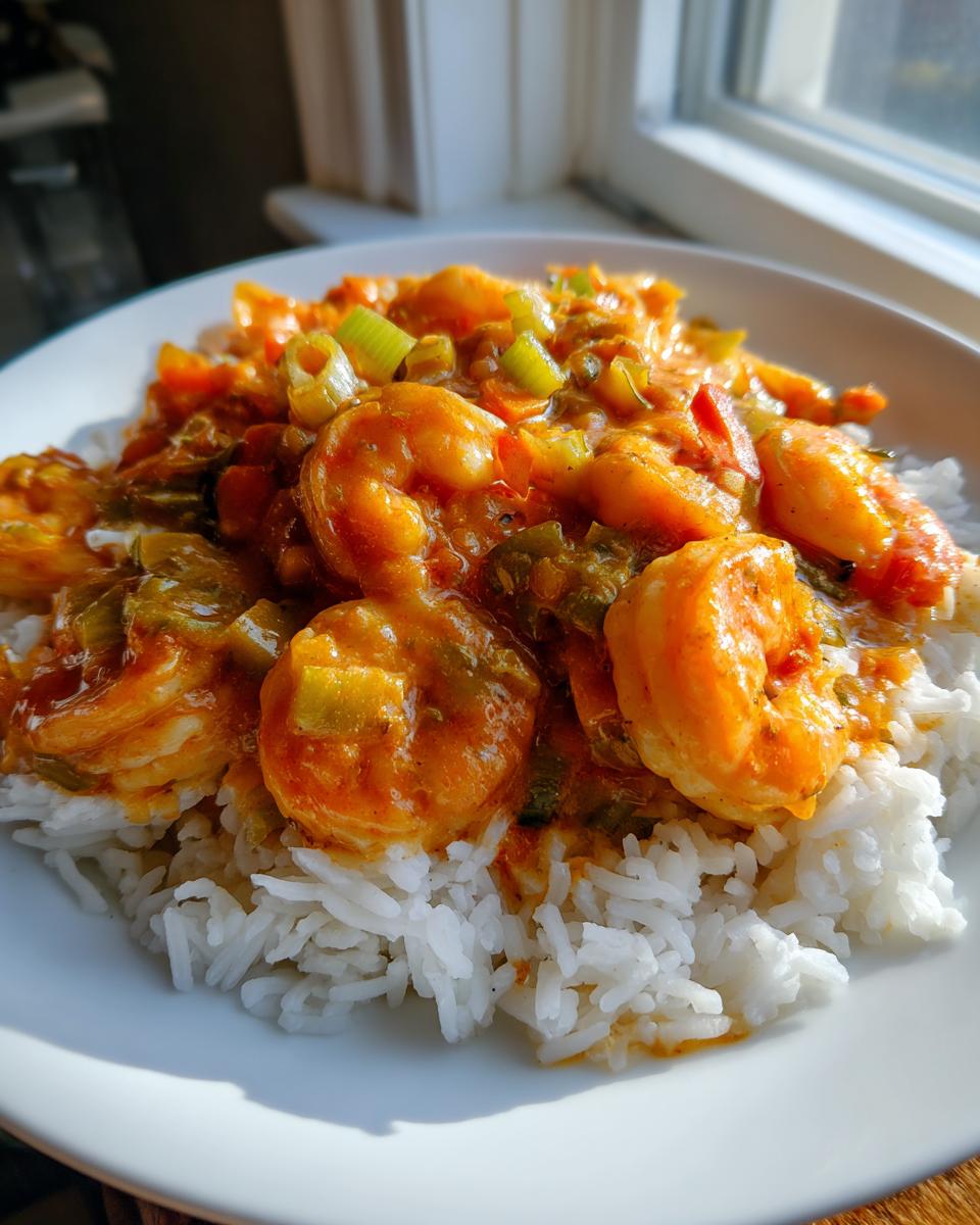 A close-up of a bowl of amazing shrimp etouffee served over white rice, garnished with green onions.