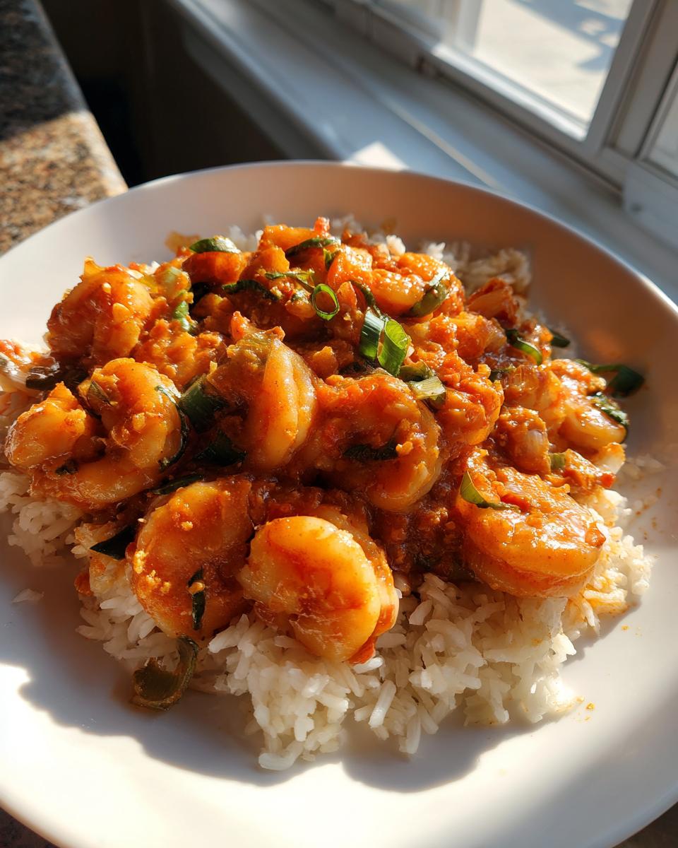 A close-up of a bowl filled with white rice topped generously with rich, orange-red shrimp etouffee and green onions.