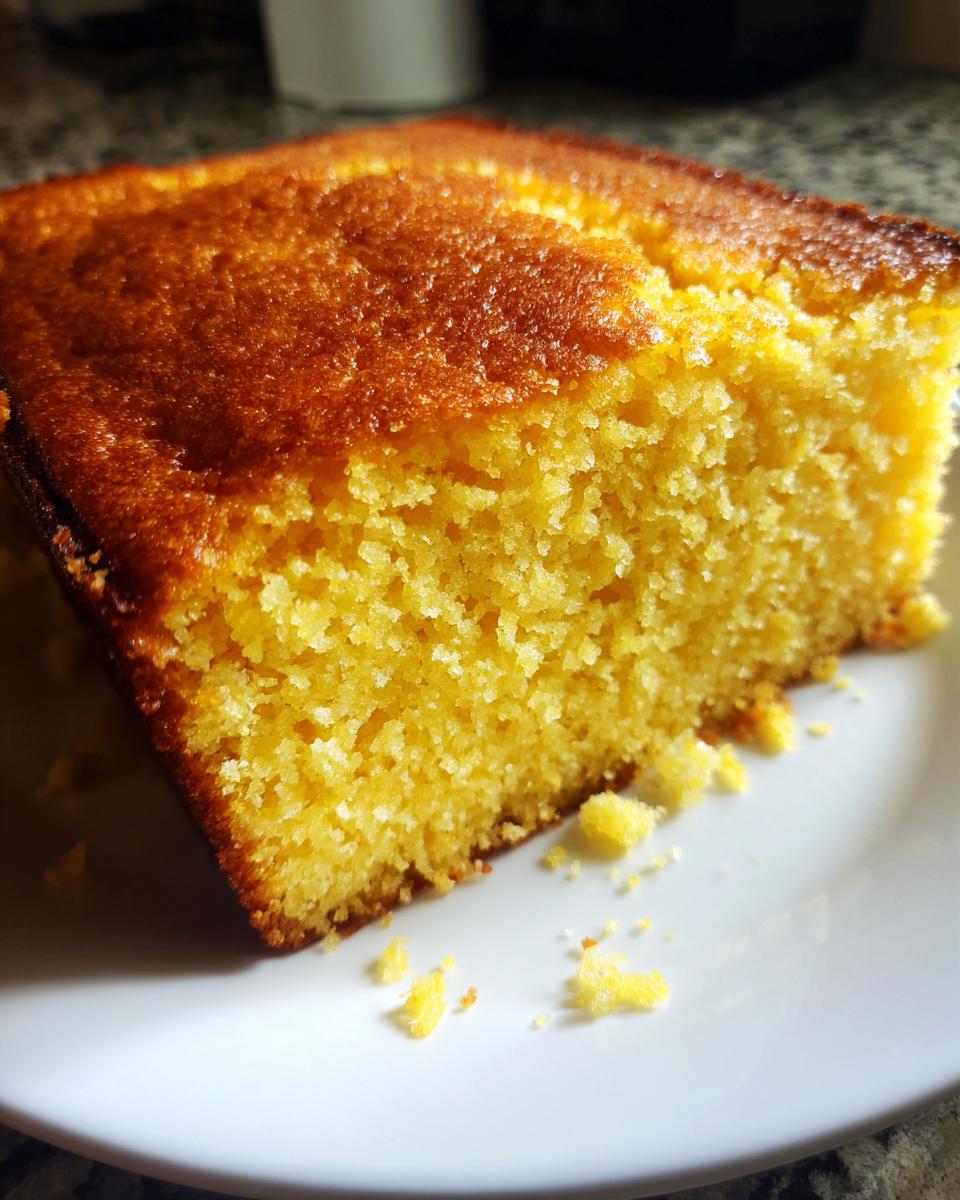 A close-up, angled shot of a moist slice of golden yellow skillet cornbread on a white plate.