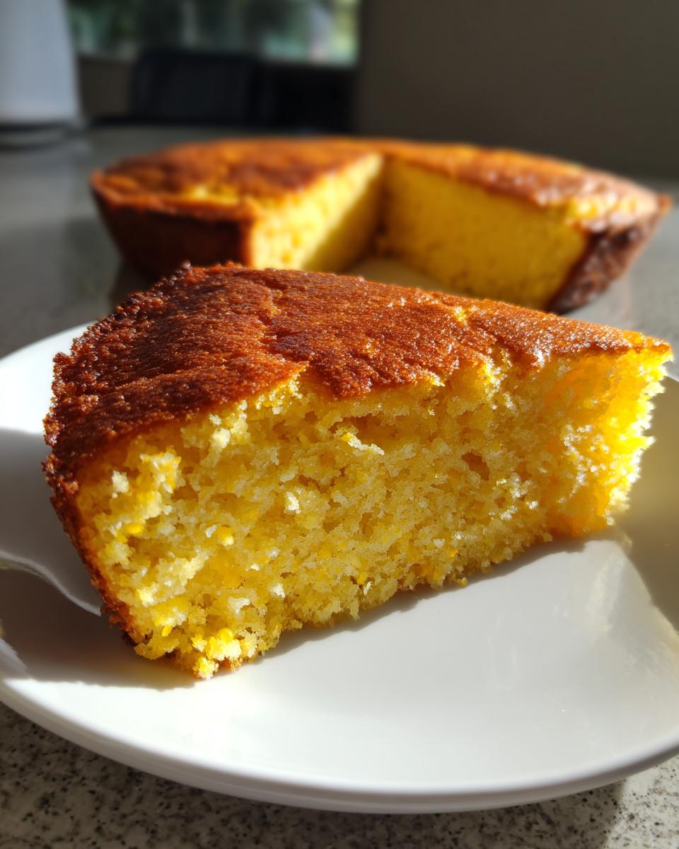 Close-up of a moist slice of skillet cornbread on a white plate, showing its golden crumb and crust.